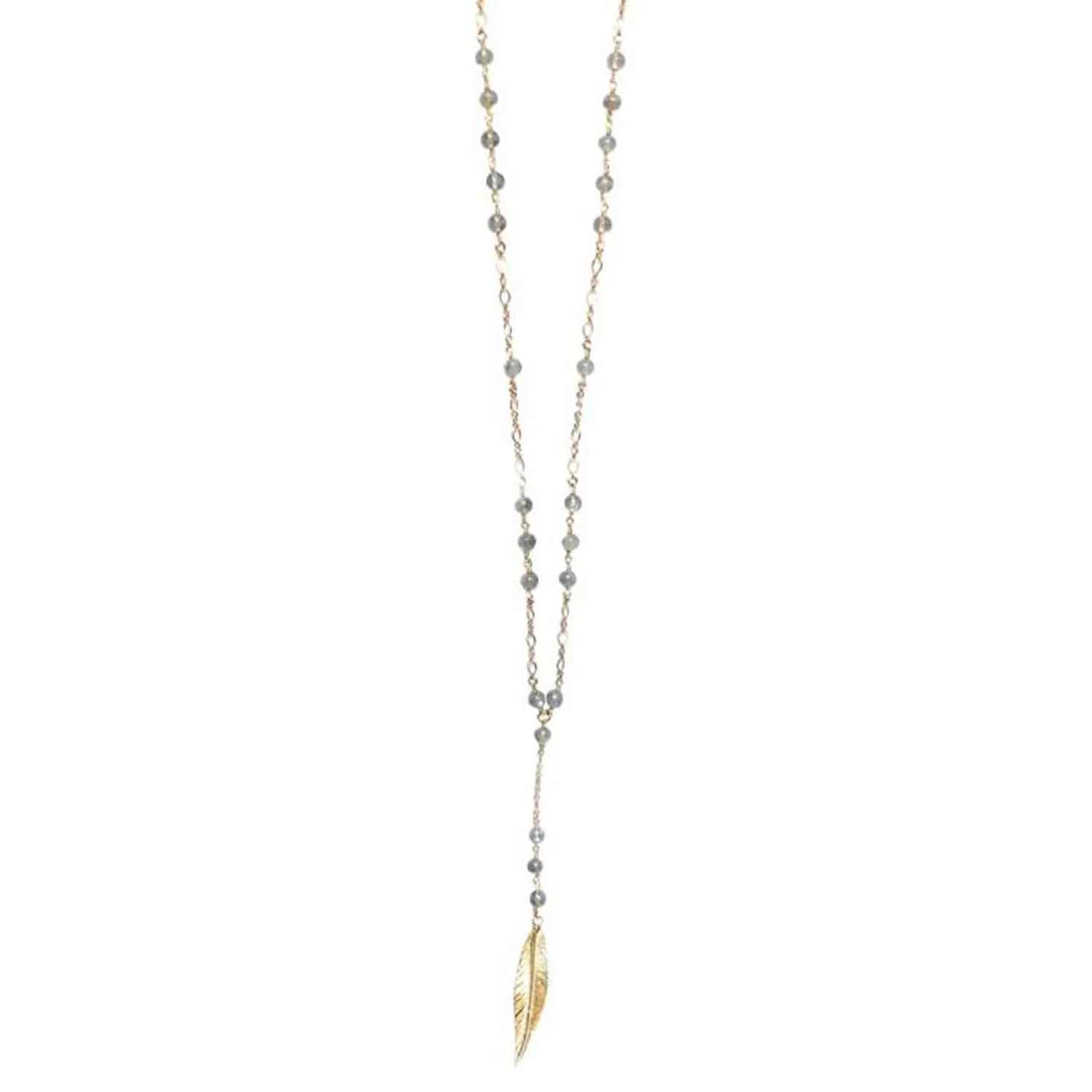 Seaside wire-wrapped labradorite and feather Lariat Necklace - BeachBu Jewelry