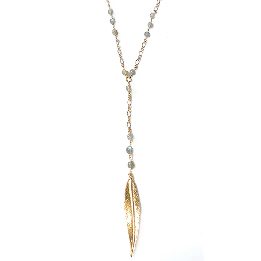 Seaside wire-wrapped labradorite and feather Lariat Necklace - BeachBu Jewelry