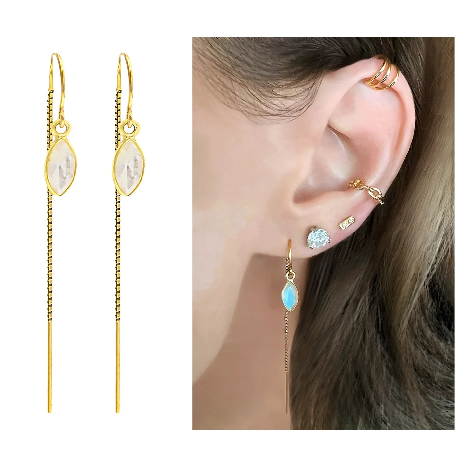 Rainbow Moonstone Marquise Bezel Threaders - BeachBu Jewelry