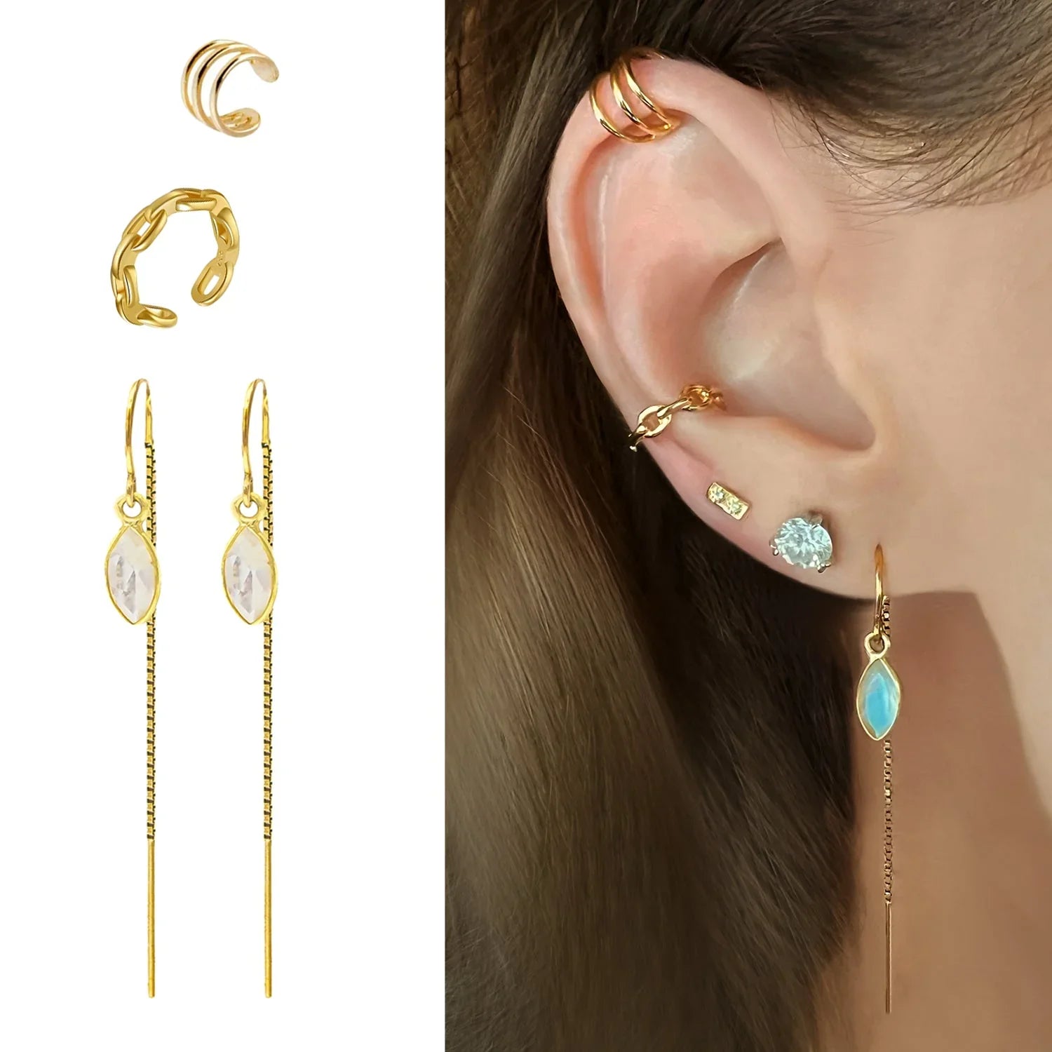 Rainbow Moonstone Threaders with 2 Ear Cuffs Jewelry Set - BeachBu Jewelry