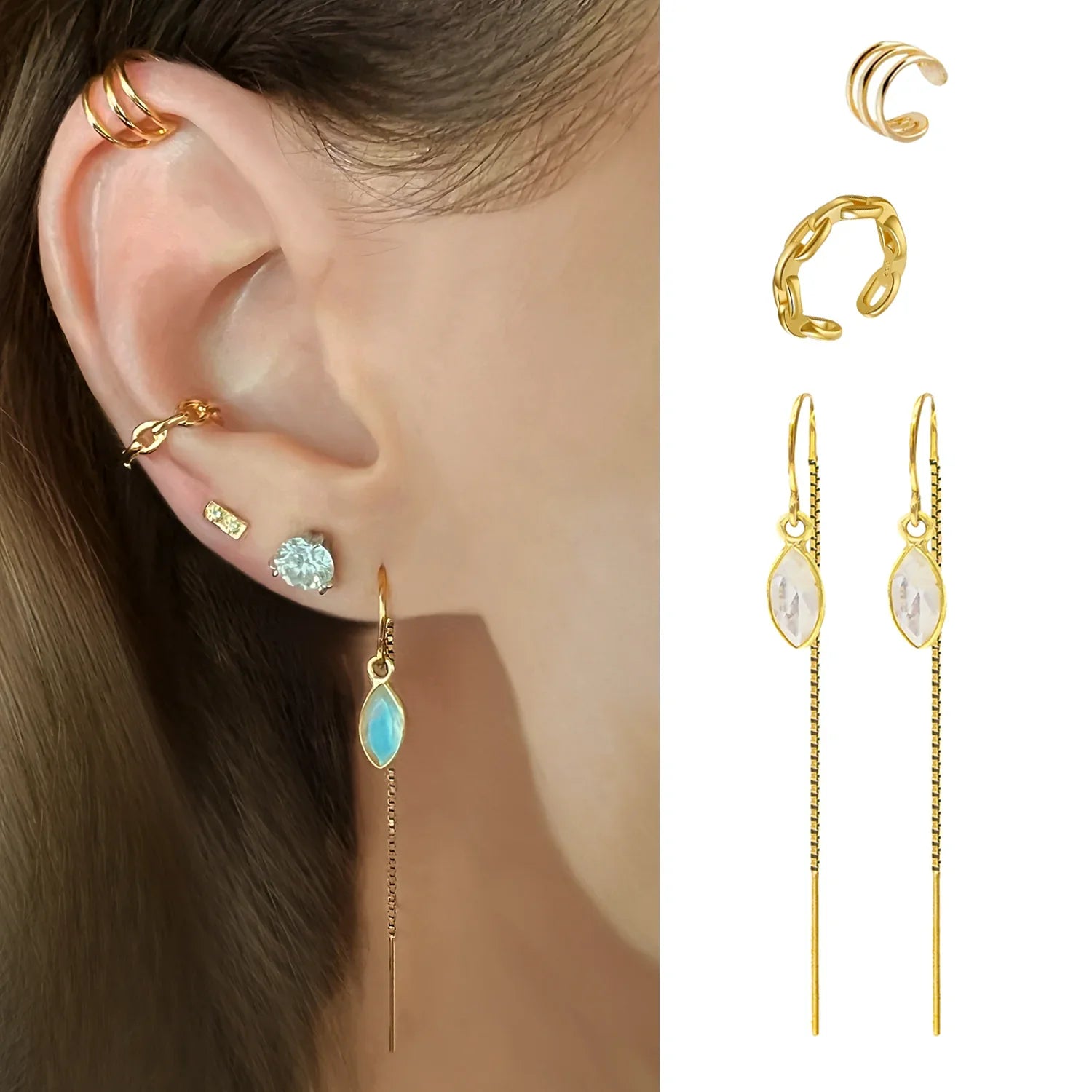 Rainbow Moonstone Threaders with 2 Ear Cuffs Jewelry Set - BeachBu Jewelry