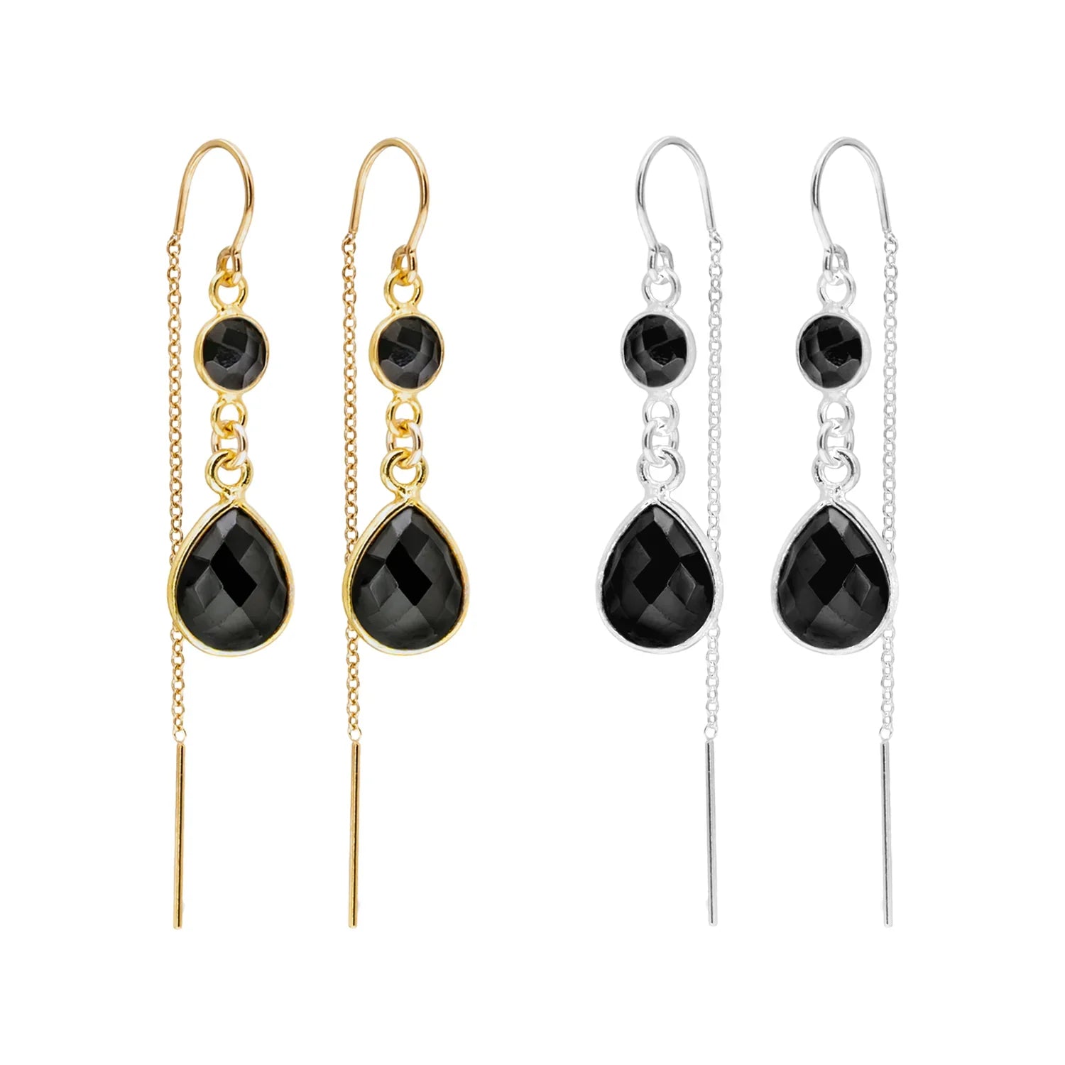 Gemstone Drop Threader Earrings in Black Spinel