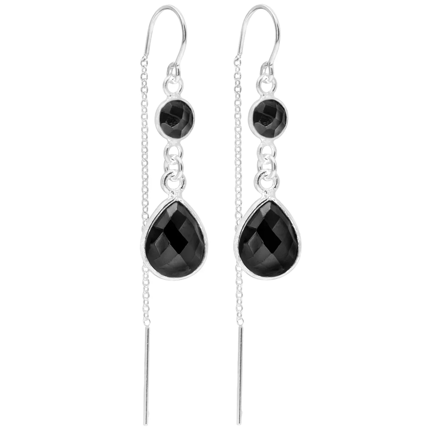 Gemstone Drop Threader Earrings in Black Spinel
