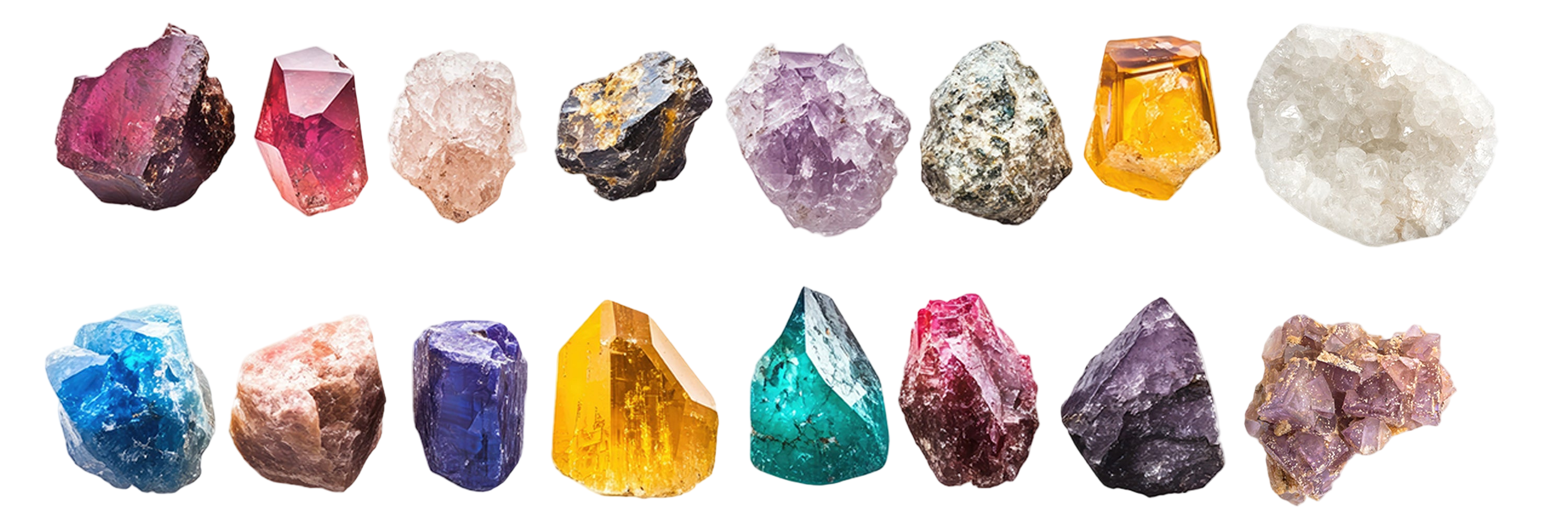 2 rows of a variety of colorful raw gemstone banner