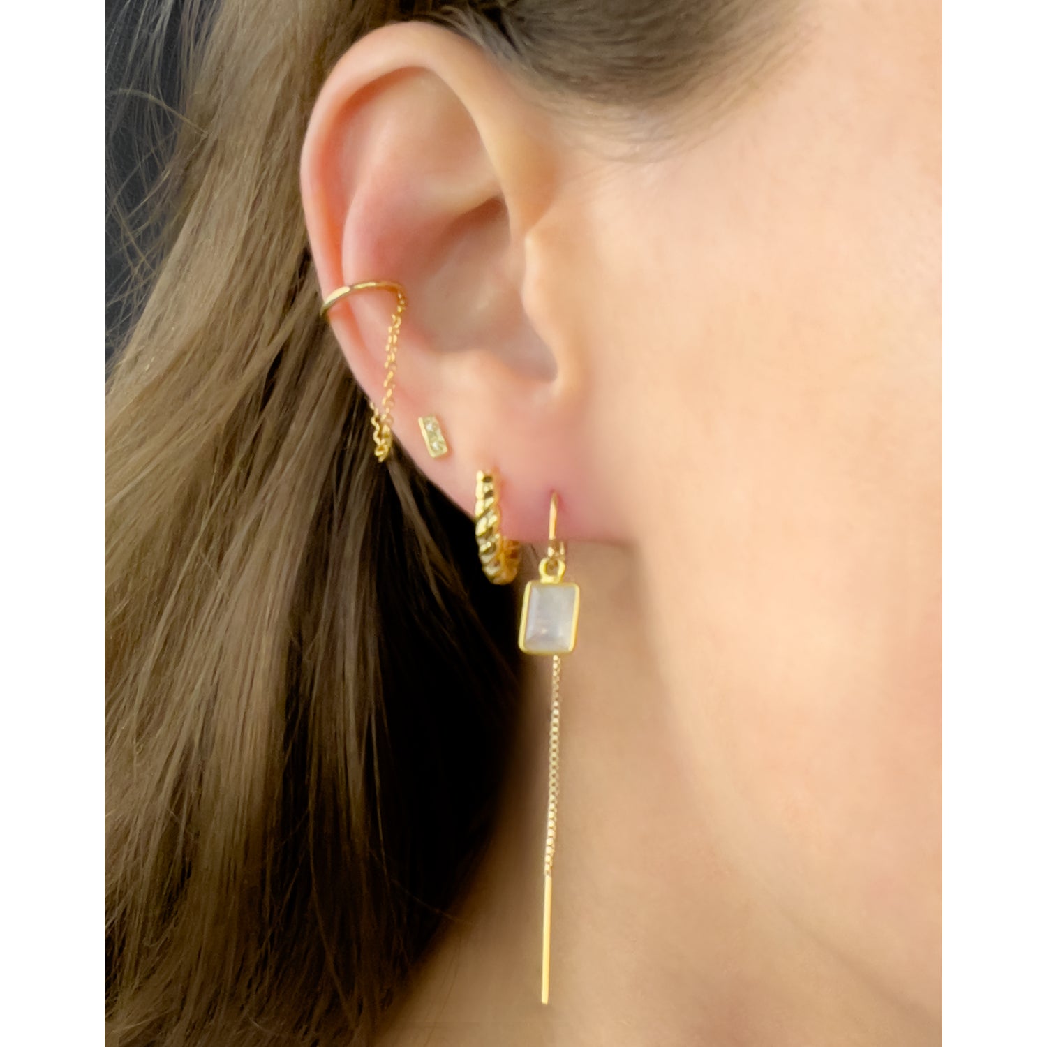 Rainbow Moonstone Baguette Threader Earrings
