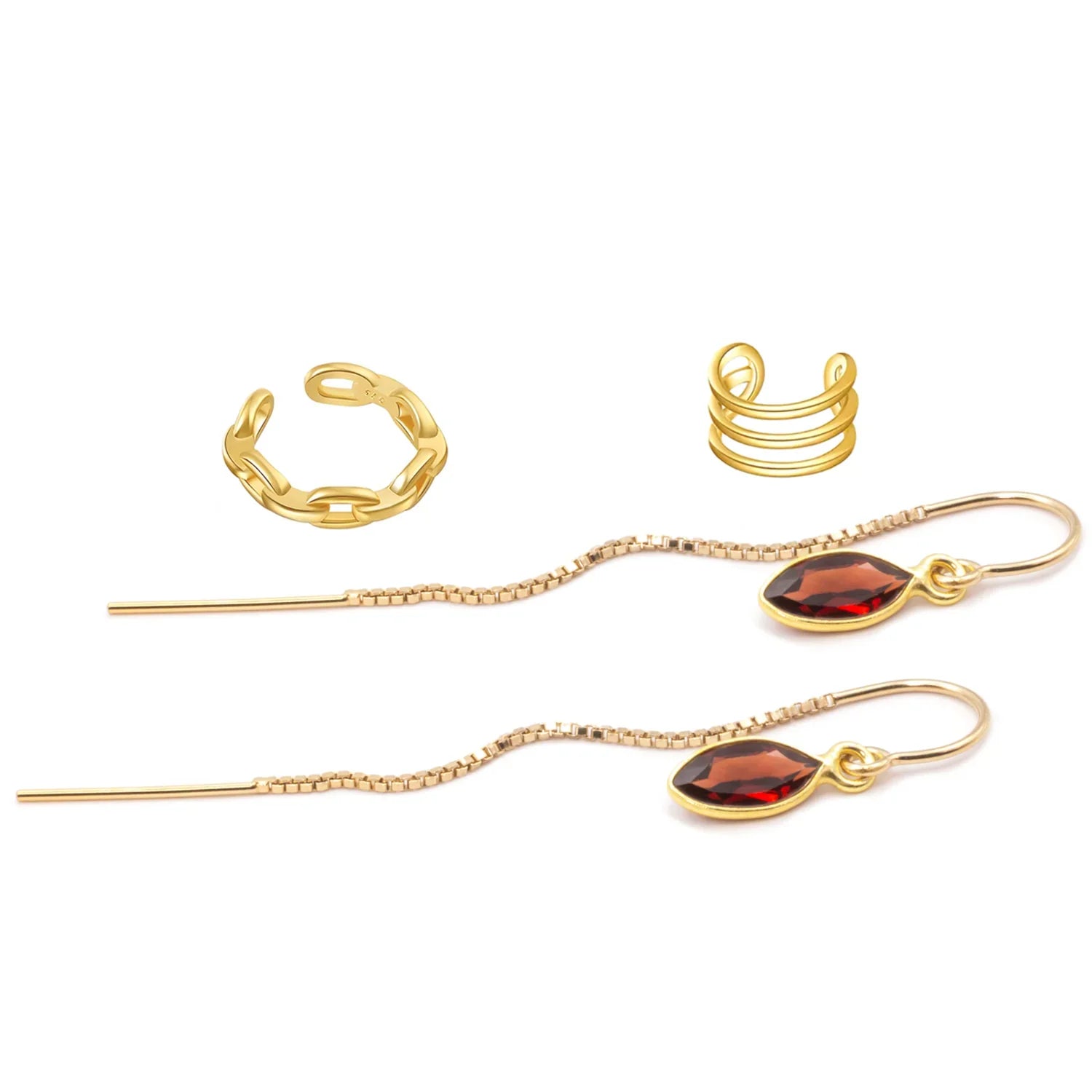 Garnet Threaders with 2 Ear Cuffs Jewelry Set - BeachBu Jewelry