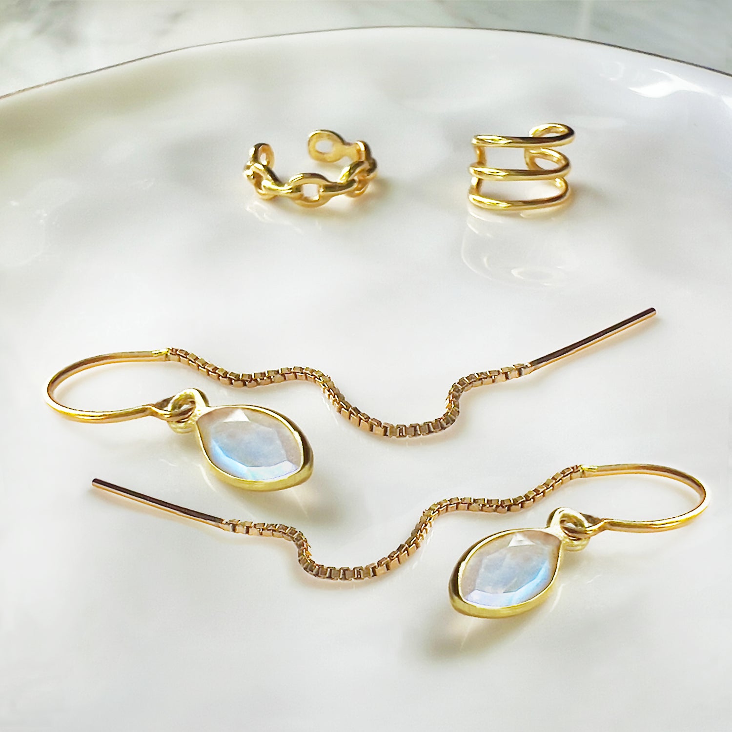 Rainbow Moonstone Threaders with 2 Ear Cuffs Jewelry Set - BeachBu Jewelry