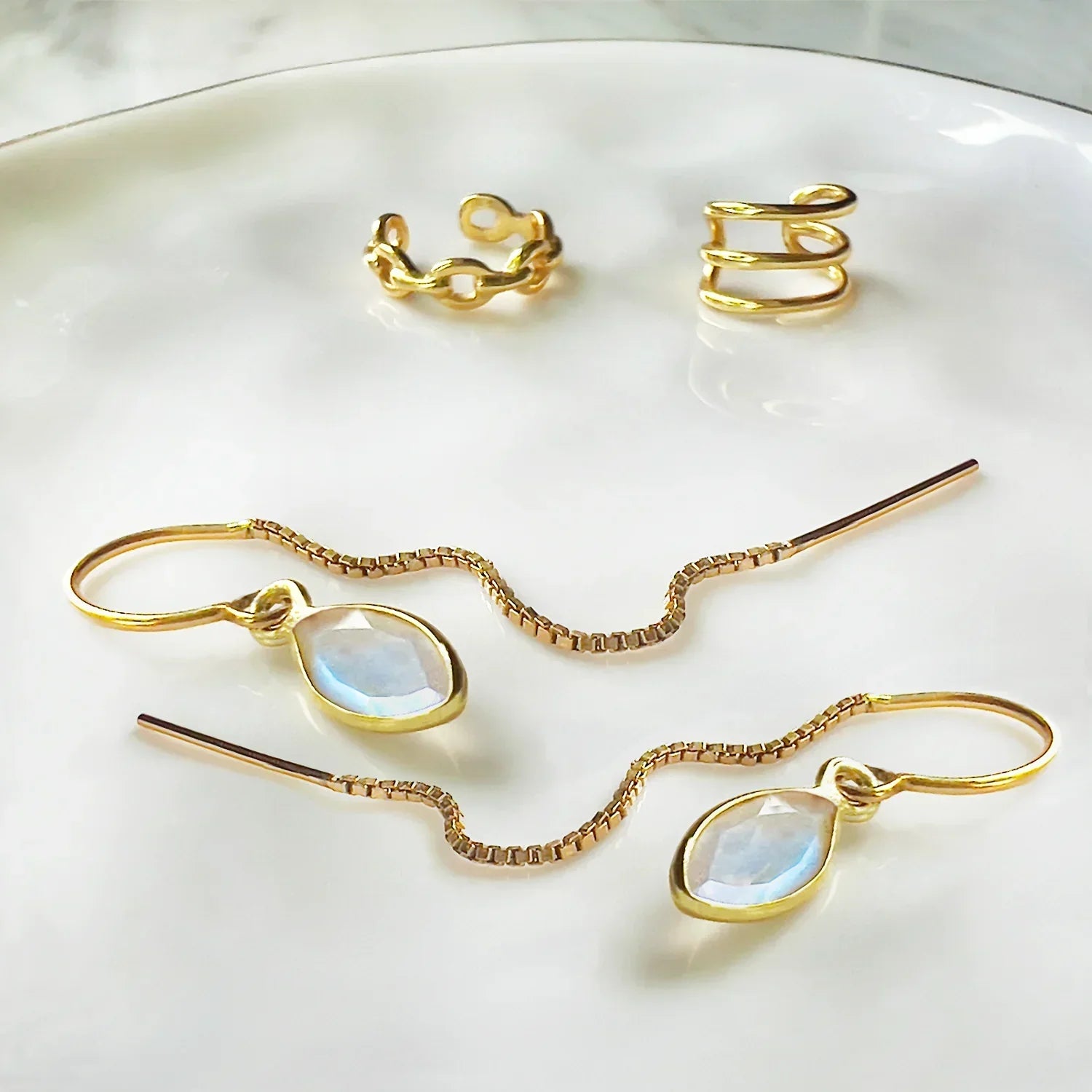 Rainbow Moonstone Threaders with 2 Ear Cuffs Jewelry Set - BeachBu Jewelry