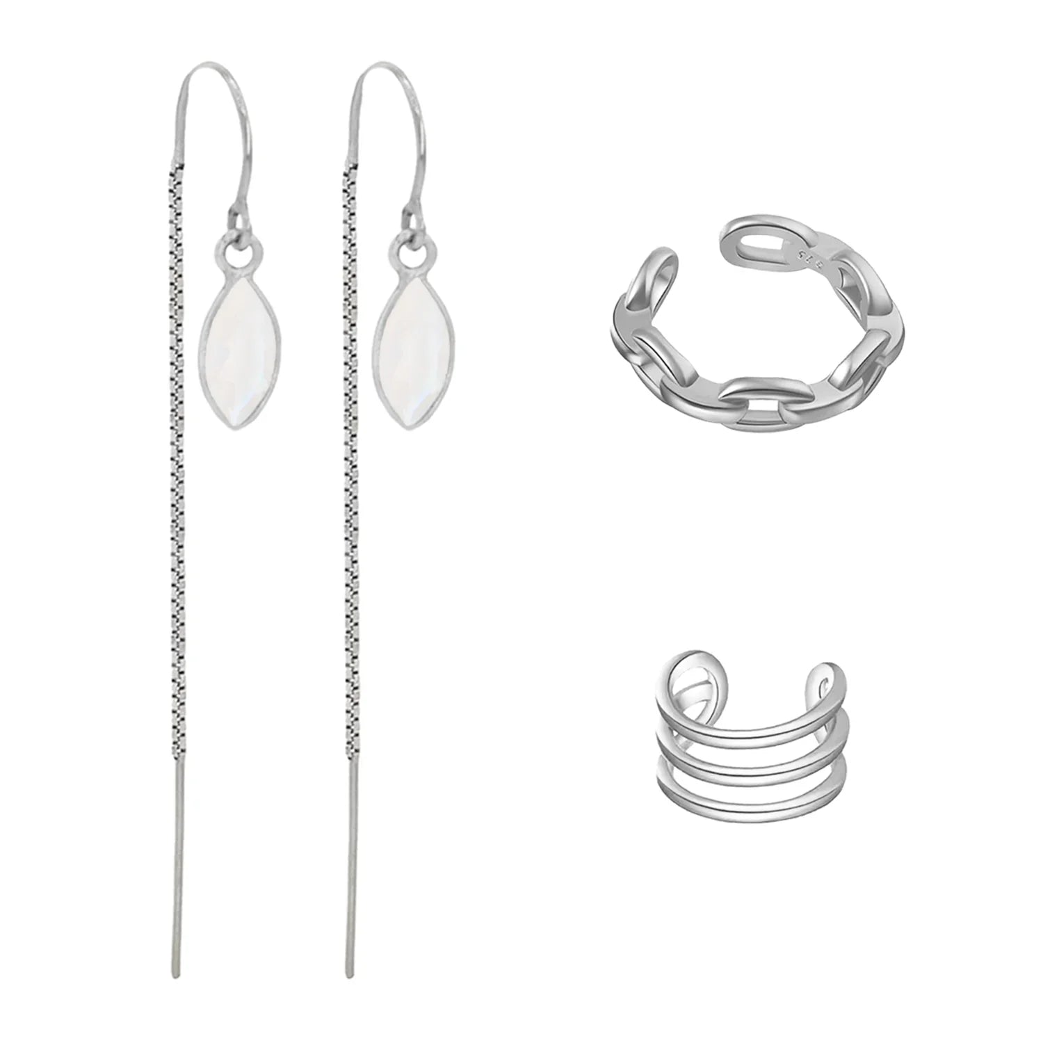 Rainbow Moonstone Threaders with 2 Ear Cuffs Jewelry Set - BeachBu Jewelry
