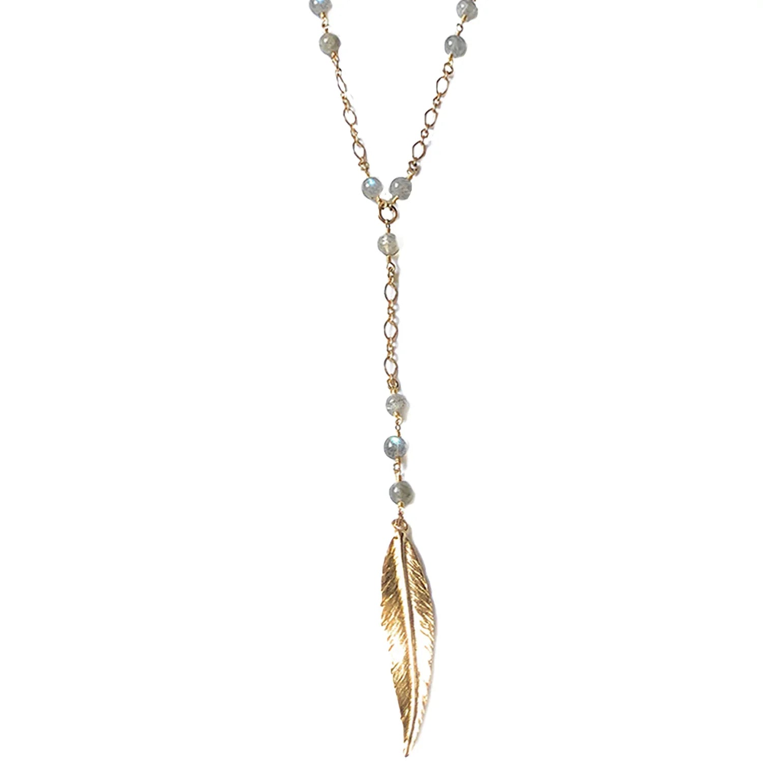 Seaside wire-wrapped labradorite and feather Lariat Necklace - BeachBu Jewelry