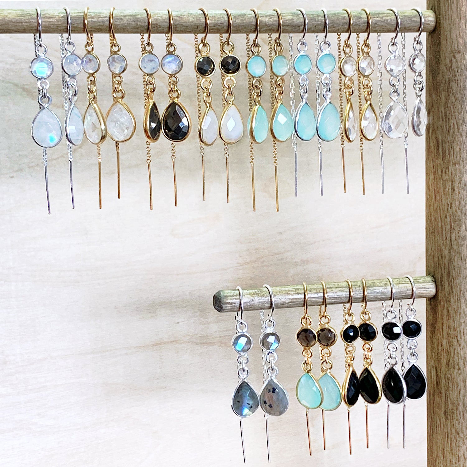 Gemstone Drop Threader Earrings in Black Spinel