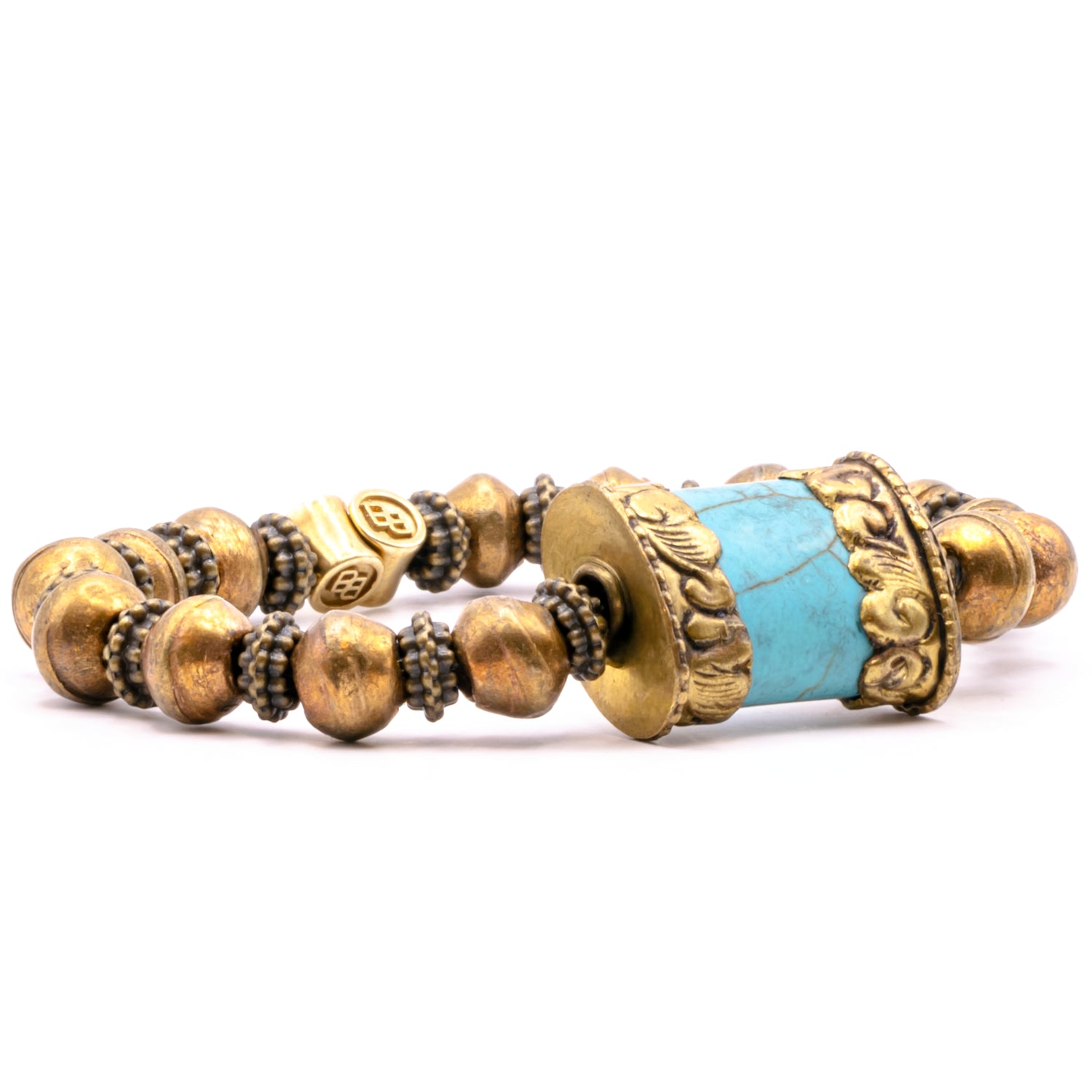 Beaded bracelet with gold and turquoise beads on a white background