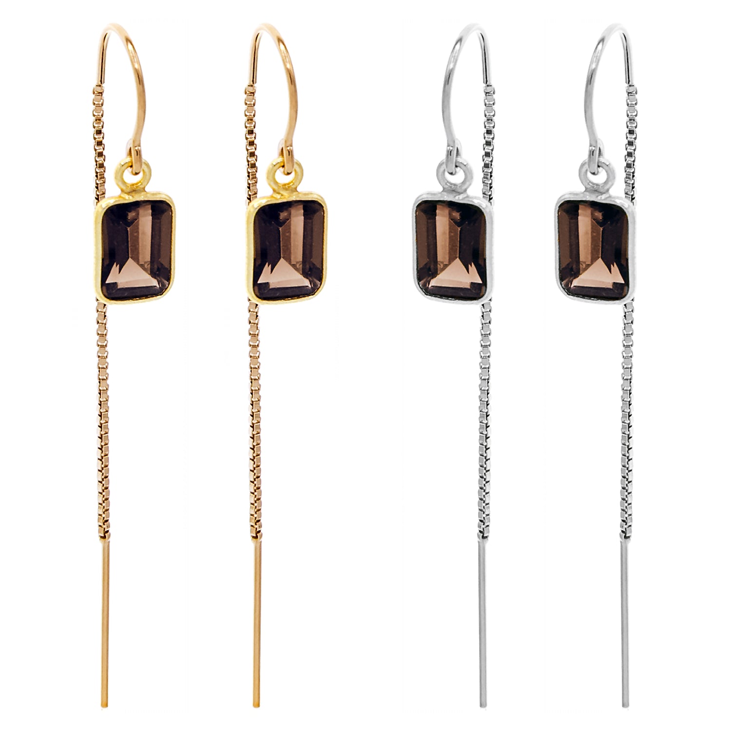 Smoky Quartz Baguette Bezel Threader Earrings