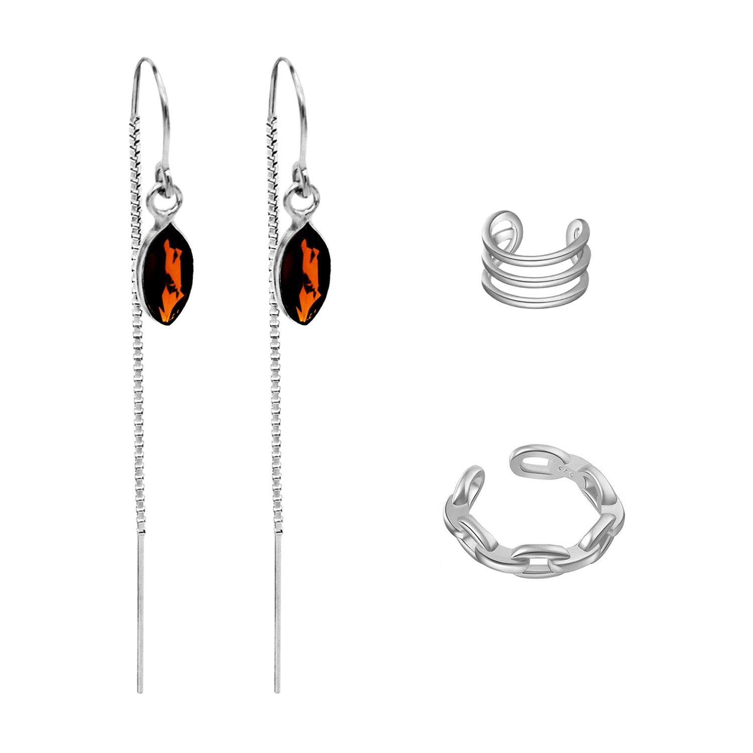 Garnet Threaders with 2 Ear Cuffs Jewelry Set
