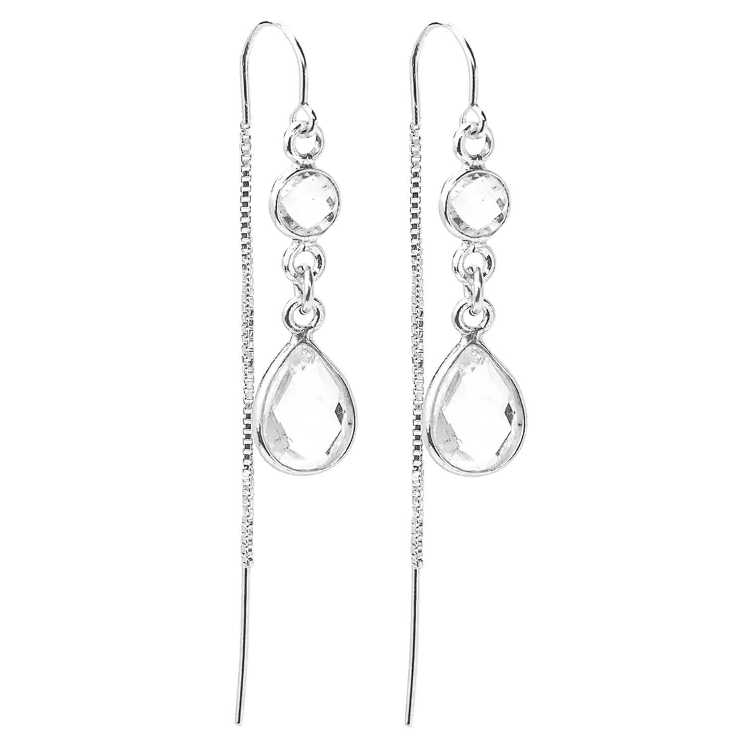 Silver teardrop earrings on a white background
