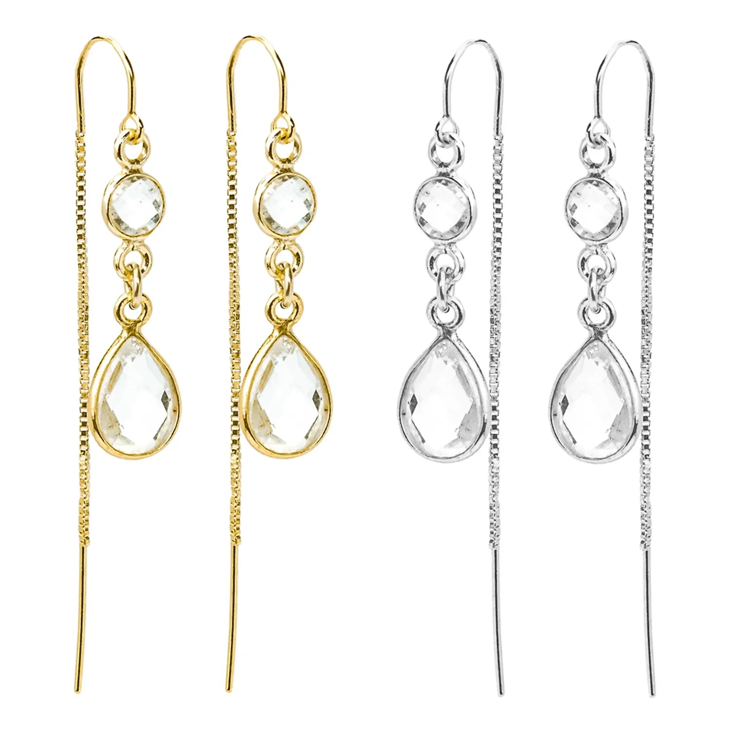 Two pairs of teardrop-shaped earrings, one gold and one silver, on a white background.