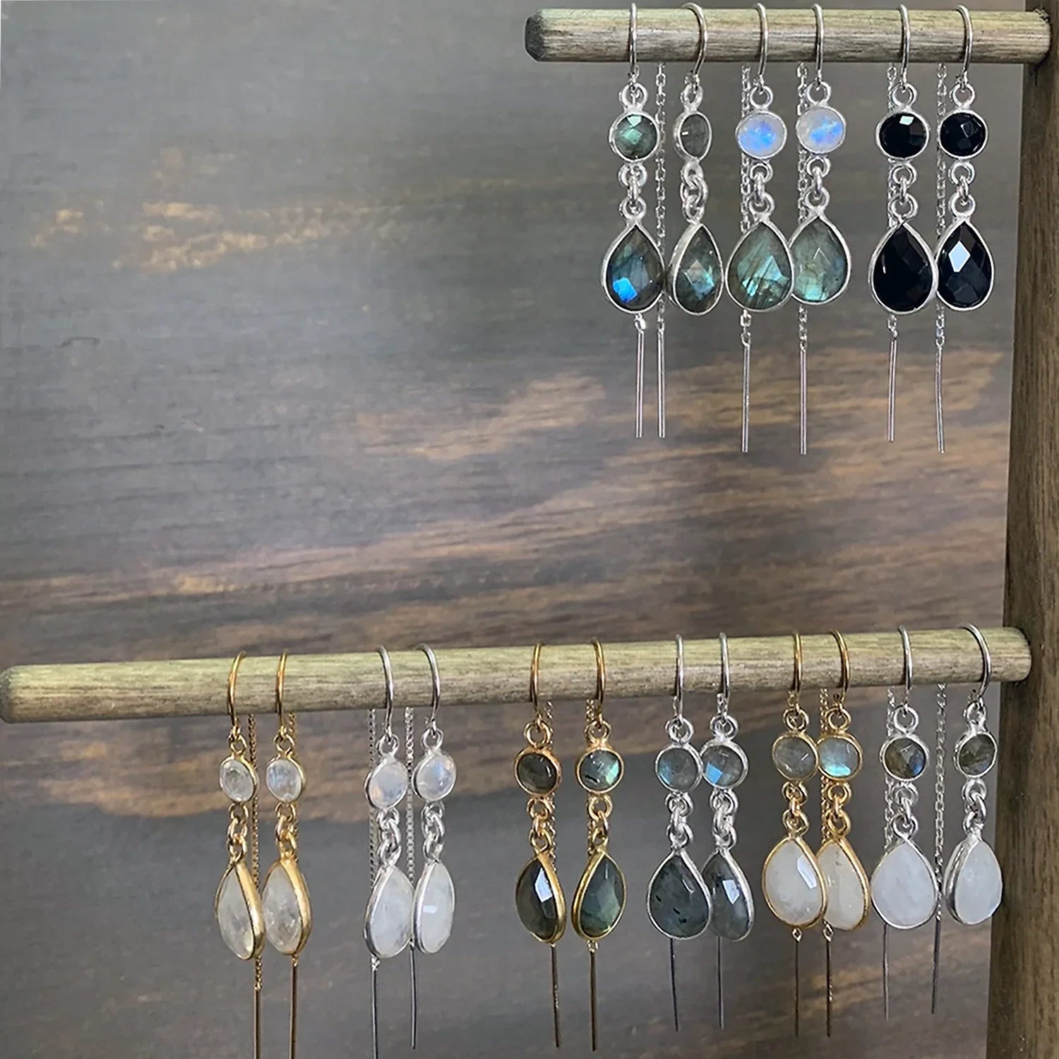 Gemstone Drop Threader Earrings in Black Spinel
