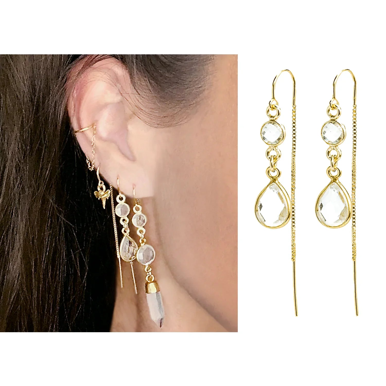 Gold earrings with clear stones worn by a person, displayed on a white background.