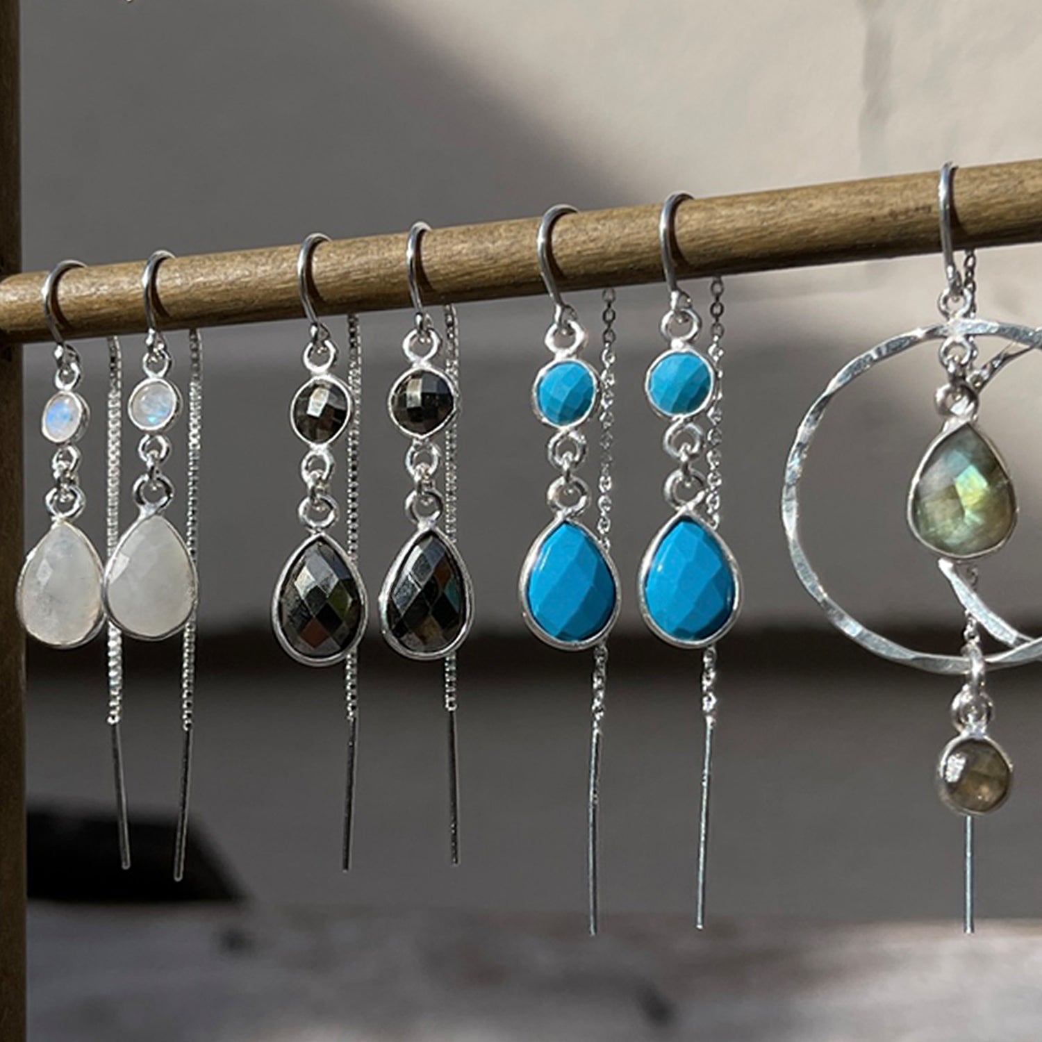 Gemstone Drop Threader Earrings in Turquoise