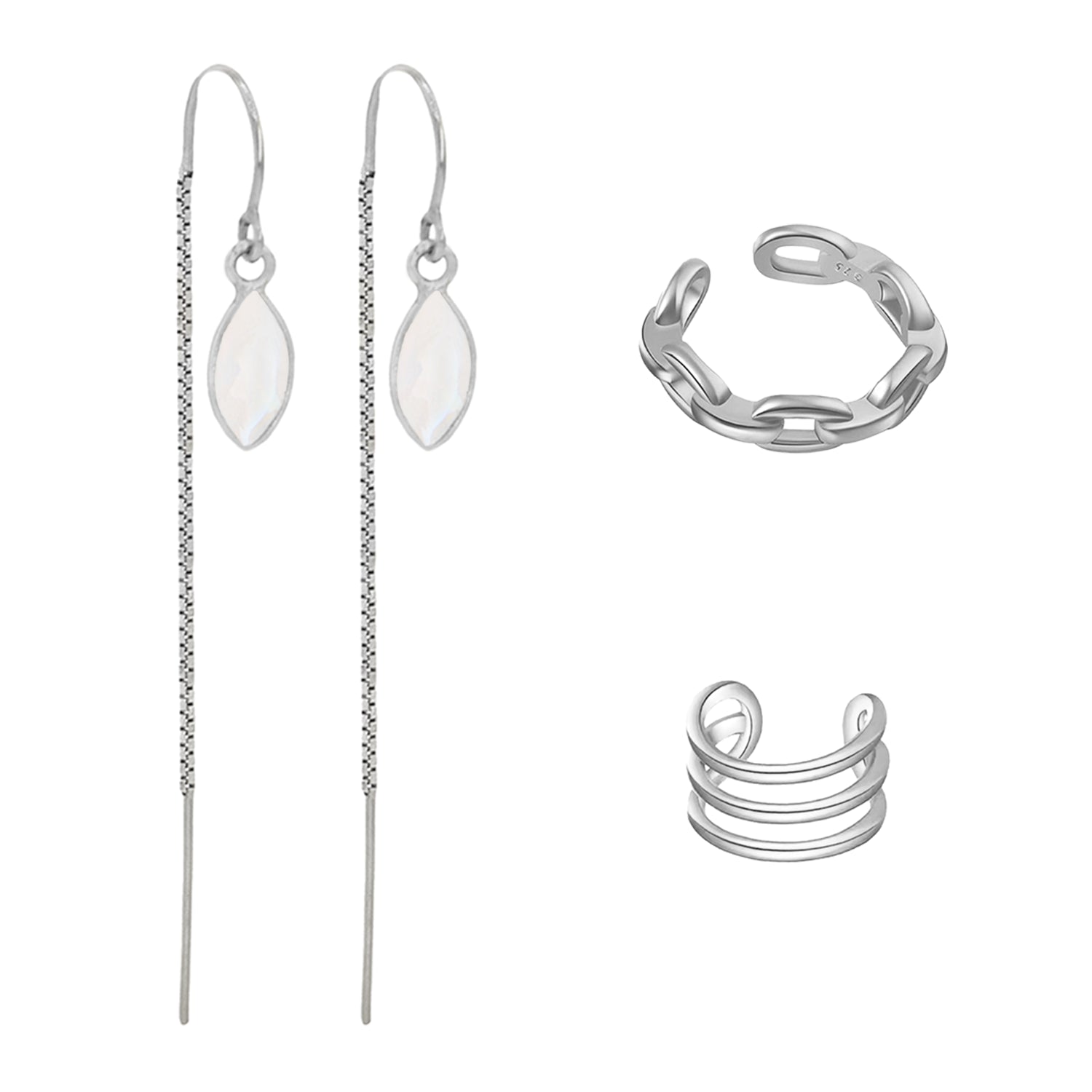 Rainbow Moonstone Threaders with 2 Ear Cuffs Jewelry Set