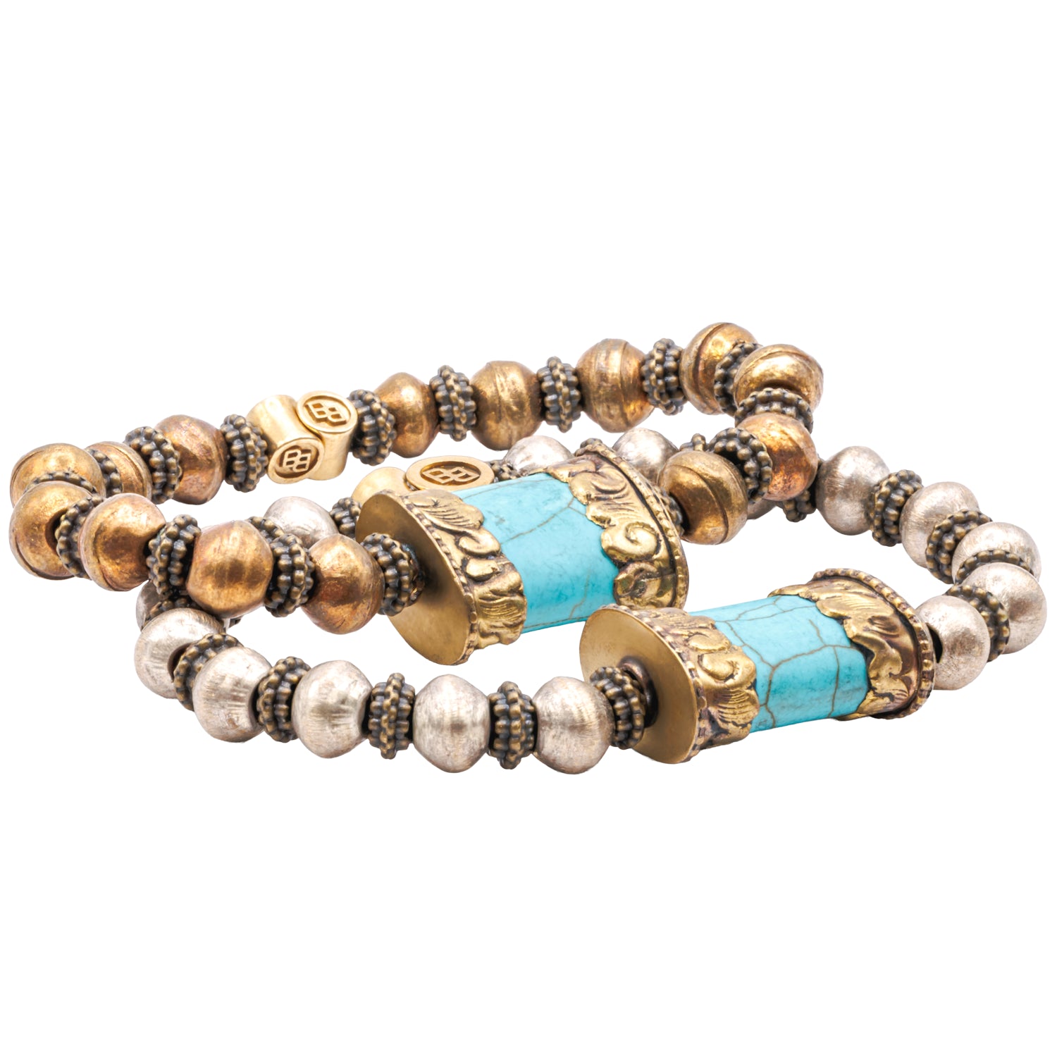 Two beaded bracelets with turquoise accents on a white background
